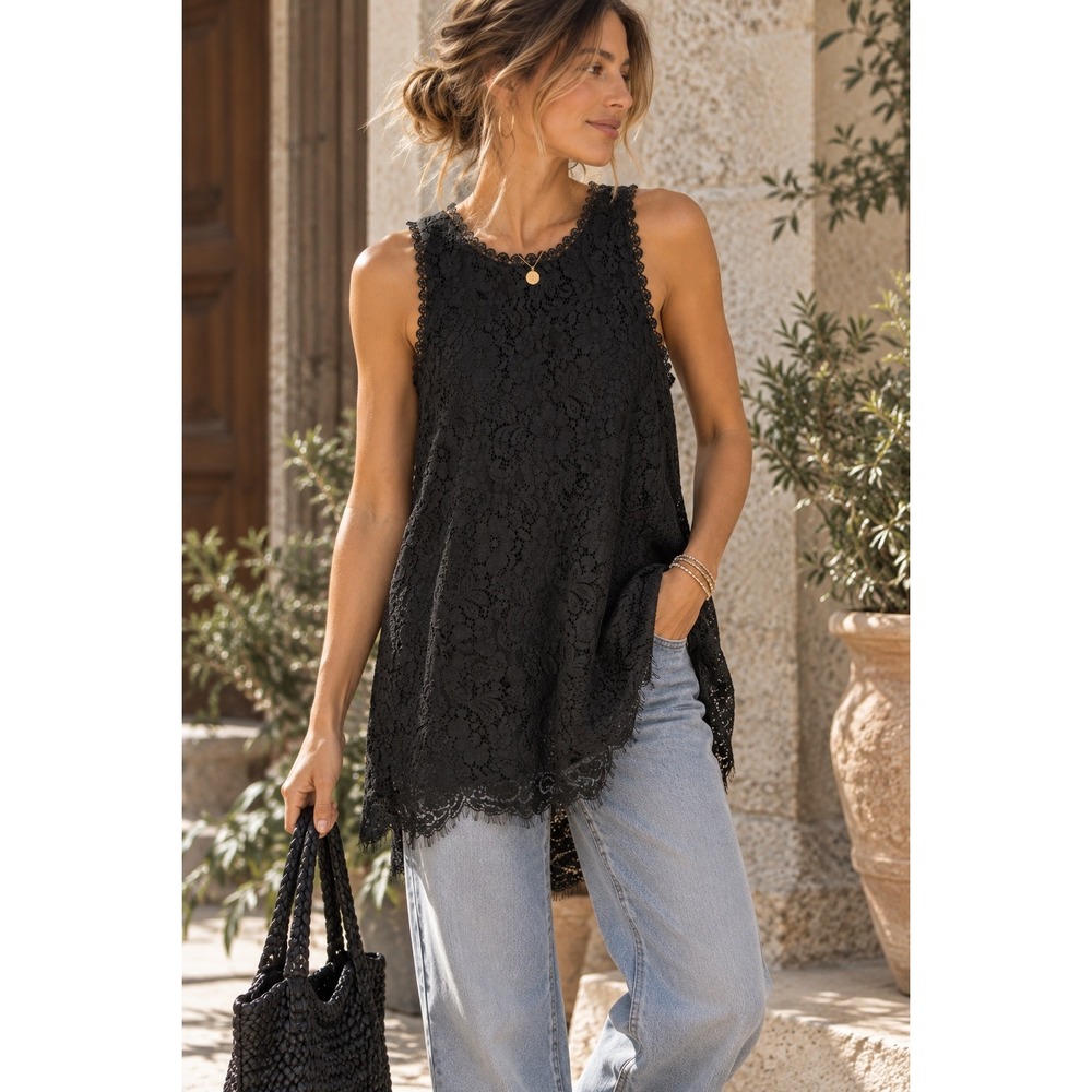 Cabi Black Floral Lace Sleeveless Blouse Top Medium Romantic Gothic Style 3605